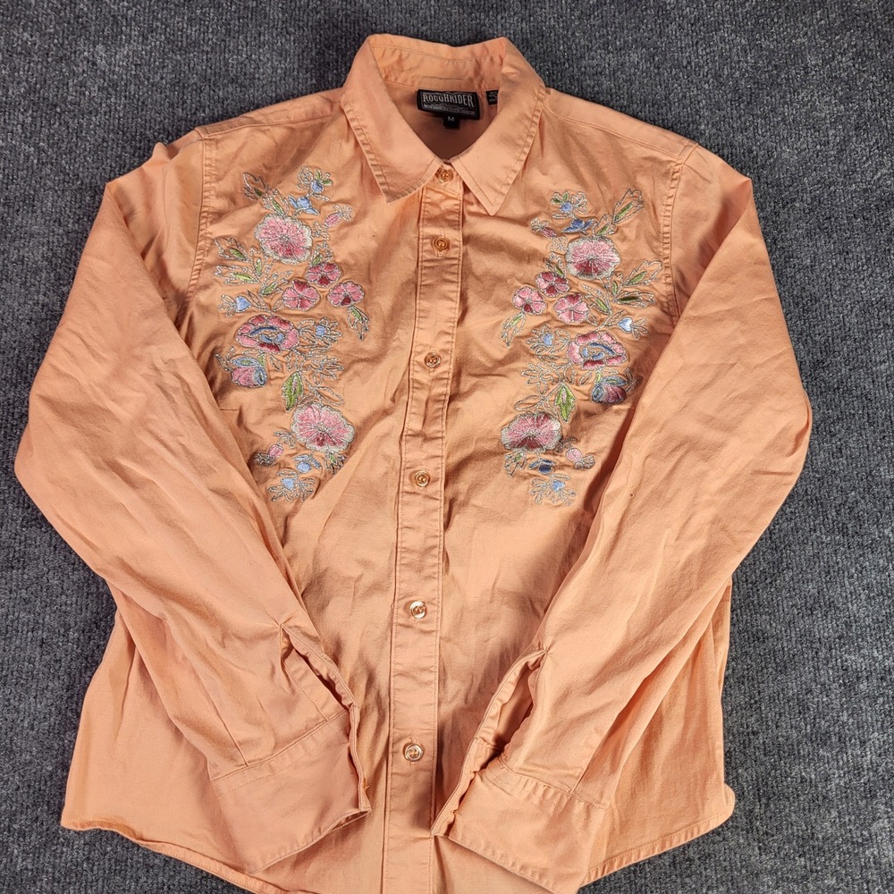 VNTG Roughrider by Circle T Peach Floral Embroidered Western Button Down Shirt M